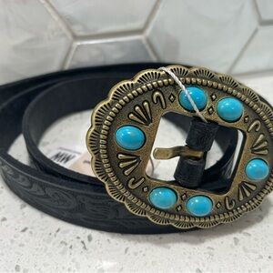 Most Wanted Black Leather Tooled Belt Round Turquoise Stone Buckle NEW Medium